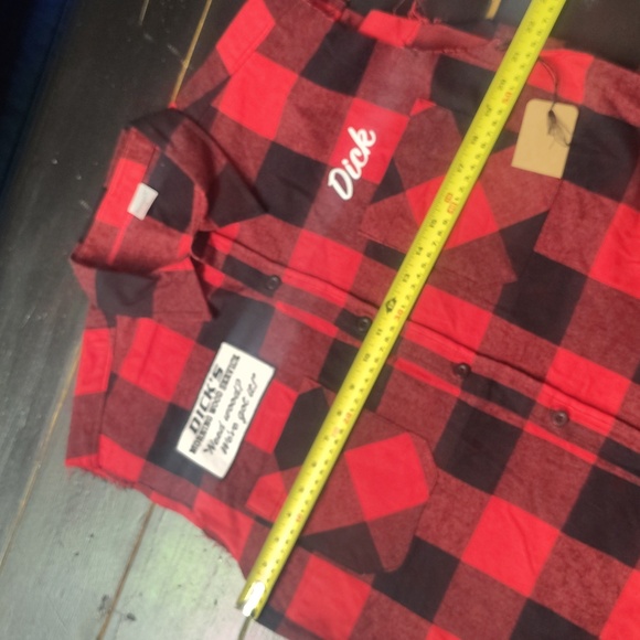 "DICK'S MORNING WOOD SERVICE"  Plaid Sleeveless Shirt - Picture 10 of 12